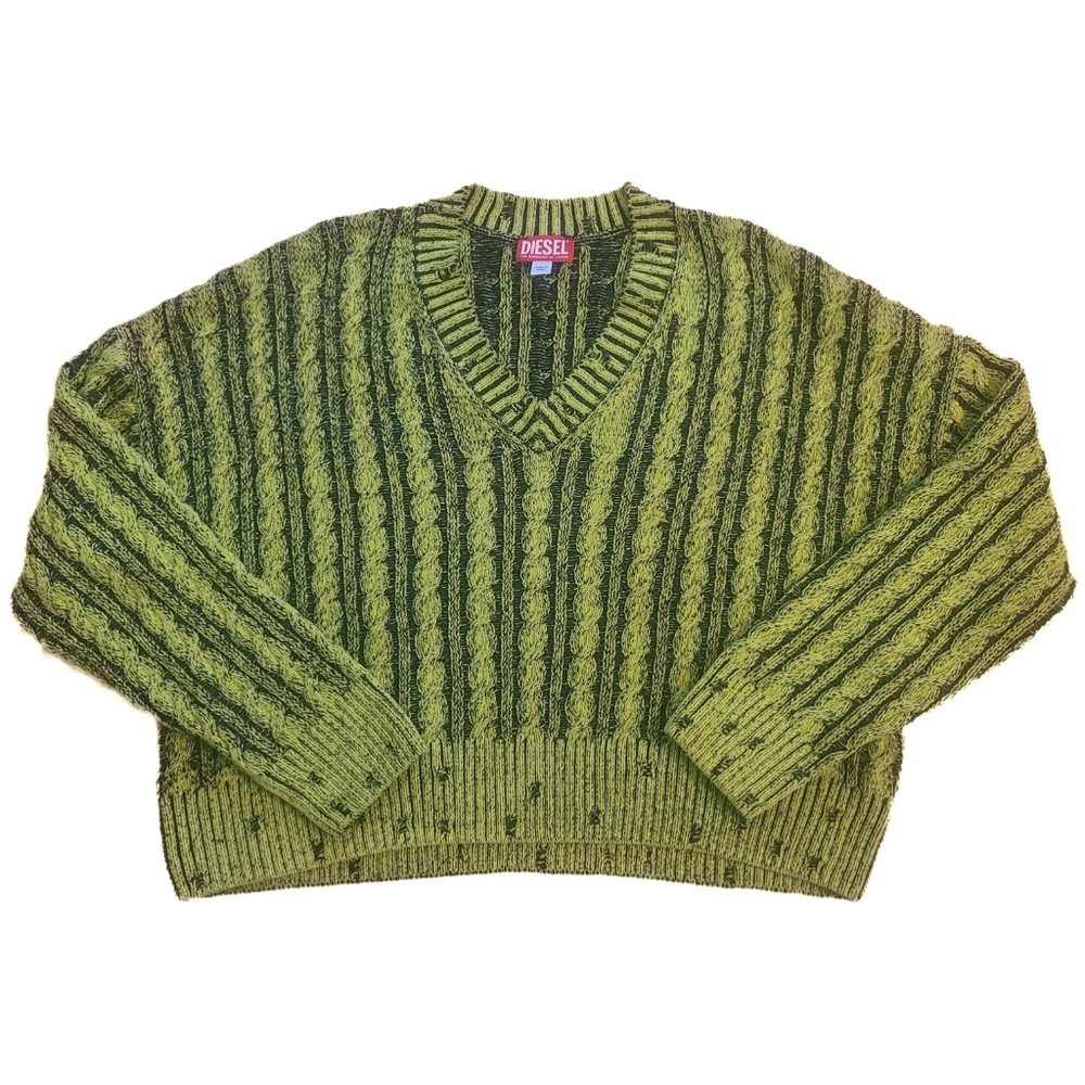 Diesel Distressed Acid Green V-Neck Cable Knit Sweater - Size Medium